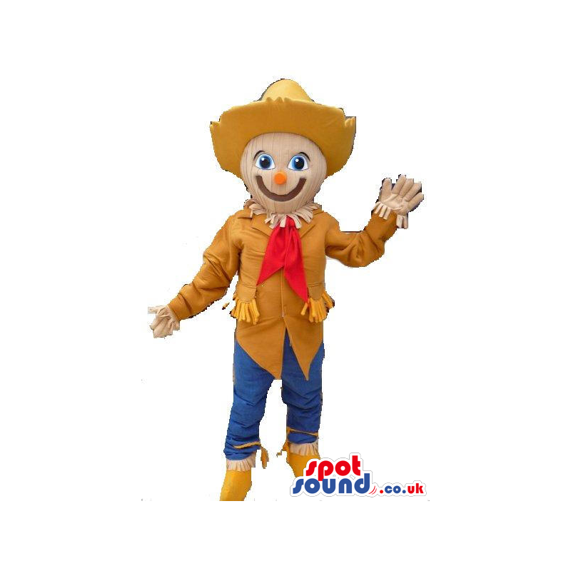 Scarecrow Character Mascot With Blue Pants And Brown Hat -