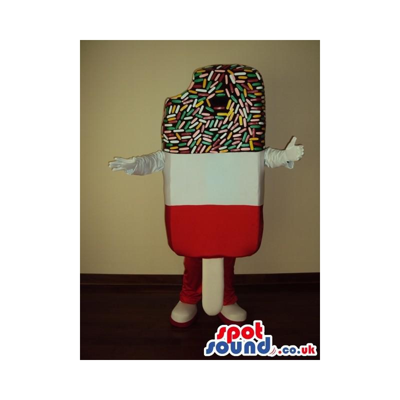 Tri colour ice-cream mascot with hands in white and legs in red