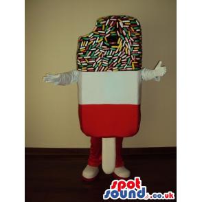 Tri colour ice-cream mascot with hands in white and legs in red