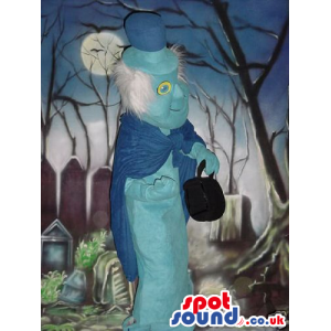 Blue Ghost Halloween Mascot With Blue Top Hat And Cape - Custom