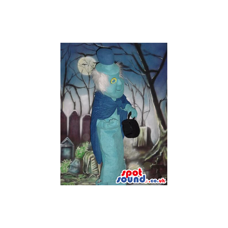 Blue Ghost Halloween Mascot With Blue Top Hat And Cape - Custom