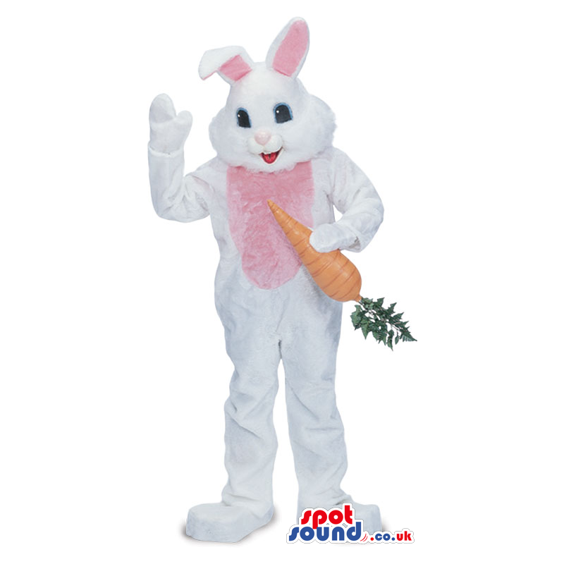 White And Pink Rabbit Animal Mascot With Big Carrot - Custom
