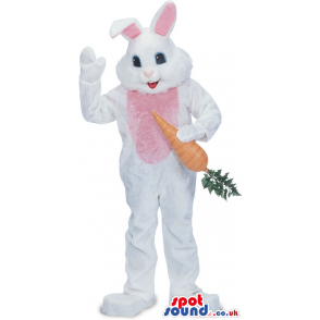 White And Pink Rabbit Animal Mascot With Big Carrot - Custom