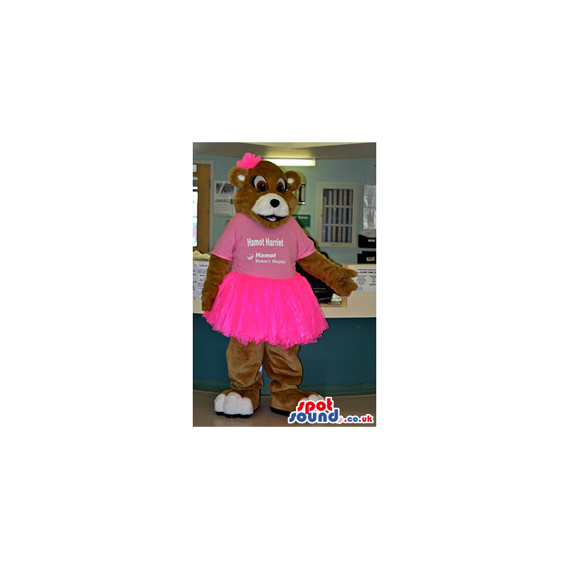 Brown Bear Animal Mascot Wearing A Pink Skirt And T-Shirt -