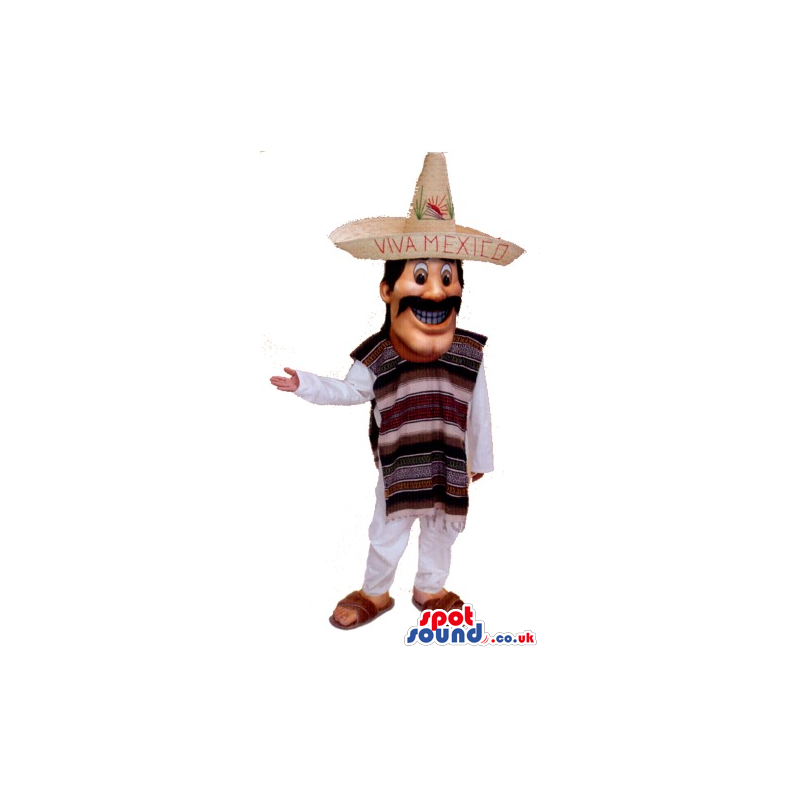 Mexican Mariachi Human Mascot With Hat, Poncho And Mustache -