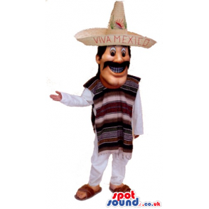 Mexican Mariachi Human Mascot With Hat, Poncho And Mustache -
