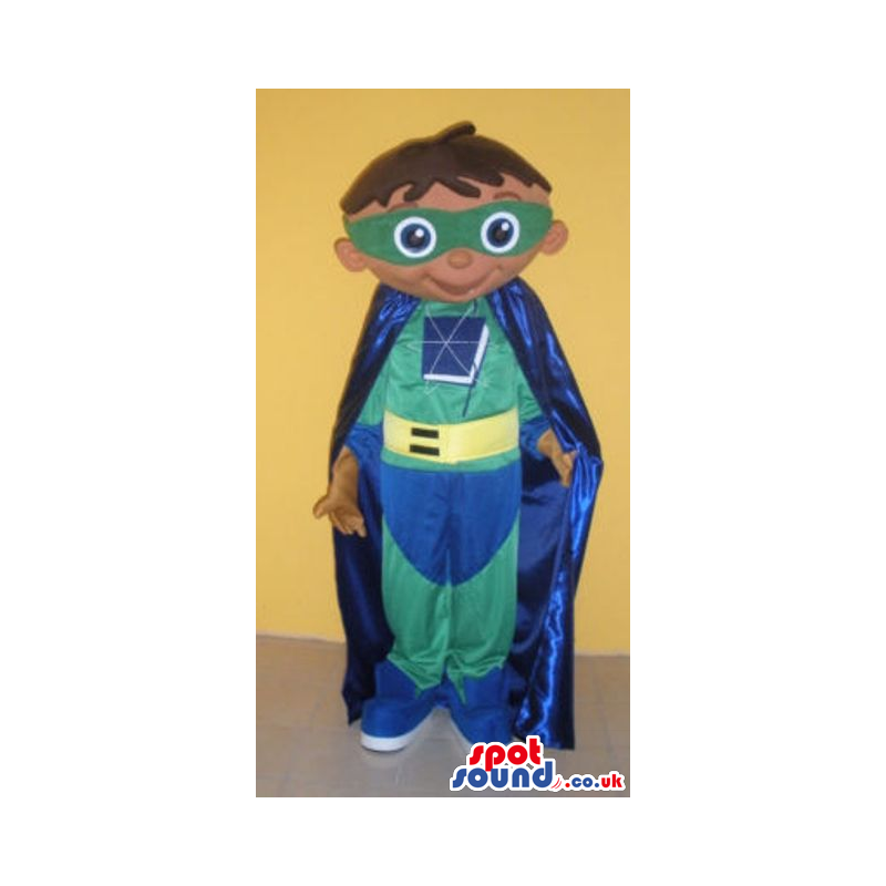 Green And Blue Super Hero Human Boy Mascot With Cape - Custom