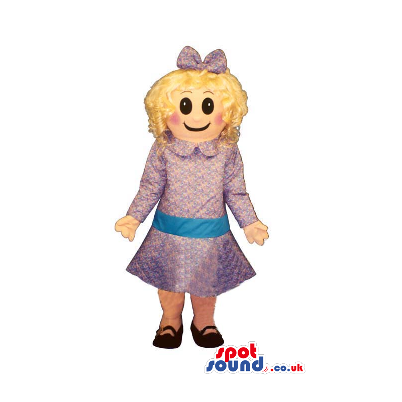 Blond Girl Mascot Wearing Purple Dress, Bow And Black Shoes -