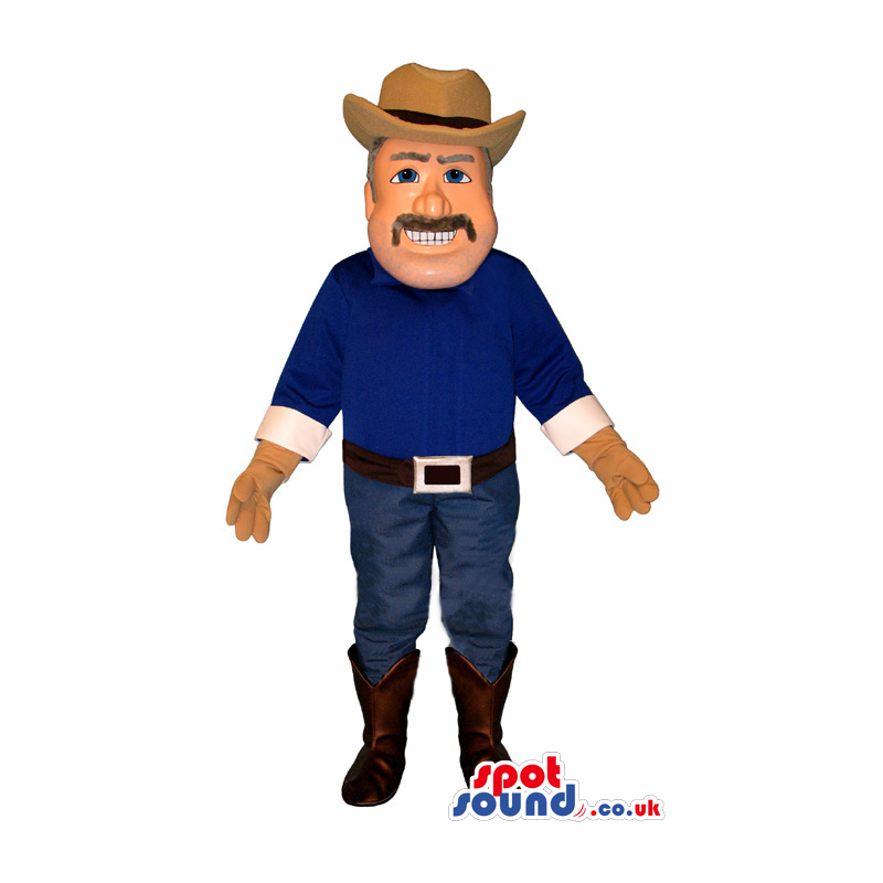 Cowboy Human Mascot Wearing Blue Jeans And A Hat With A