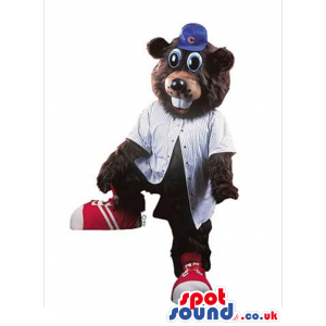 Otter Animal Mascot Wearing Red Sneakers, A Shirt And A Cap -