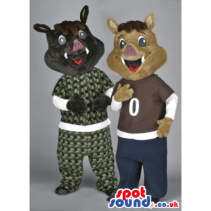 Two Brown And Black Boar Animal Mascots With Special Garments -
