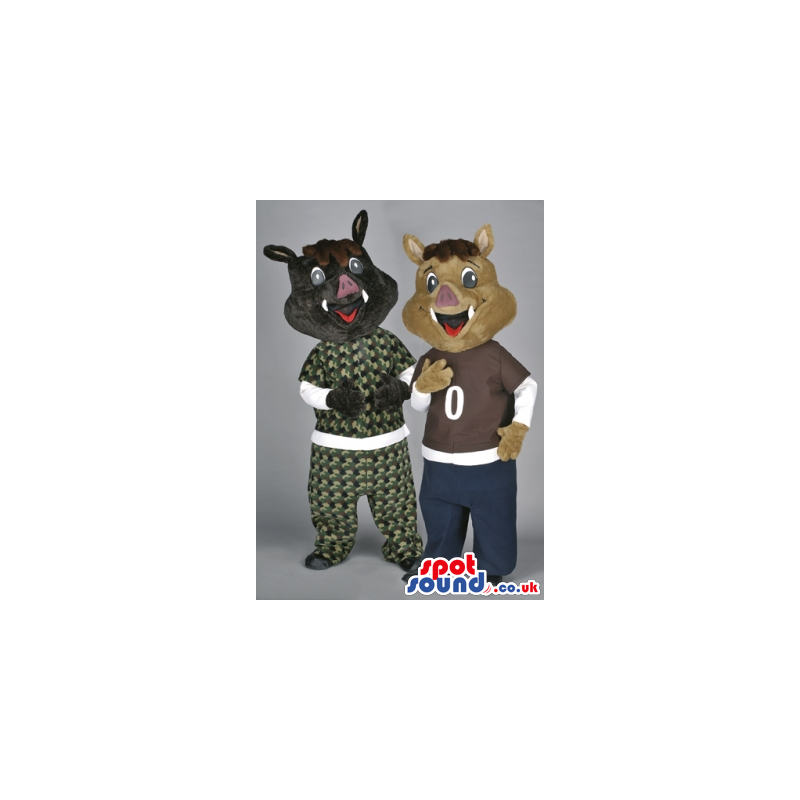Two Brown And Black Boar Animal Mascots With Special Garments -