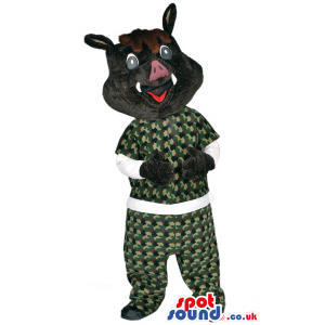 Boar Wild Pig Animal Mascot With Special Camouflage Garments -