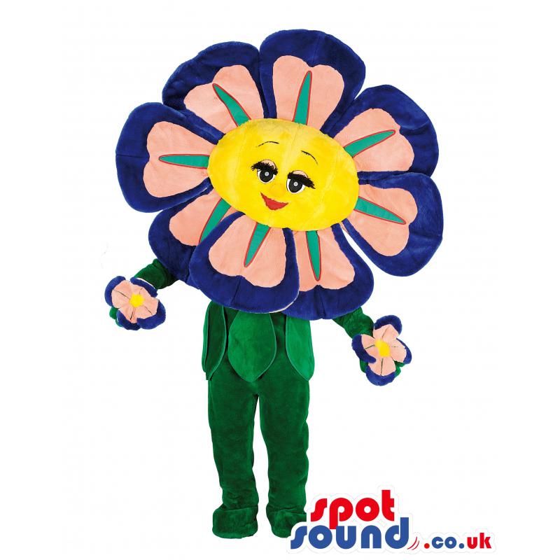 Beautiful flower green mascot with flower on both hands -