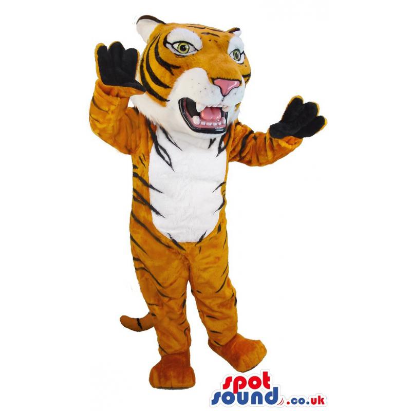 Sweet little brown tiger mascot standing in a funny way -