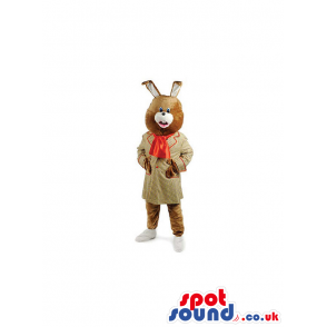 Brown Rabbit Mascot Wearing A Gown And An Orange Bow - Custom
