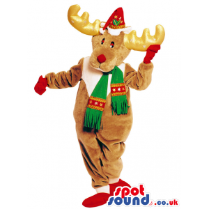 Brown Reindeer Animal Mascot Wearing A Red And Green Scarf -