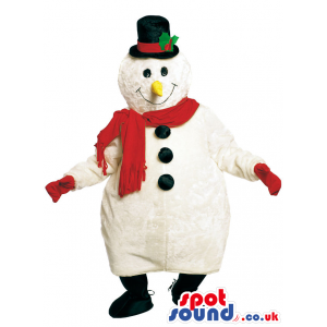 White Snowman Christmas Mascot Wearing Red Scarf And Top Hat -