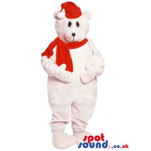 Customizable White Bear Animal Mascot With Red Scarf And Hat -