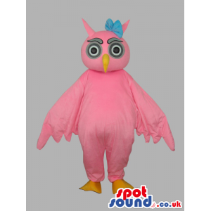 Plain Pink Owl Bird Customizable Mascot Wearing A Blue Ribbon -