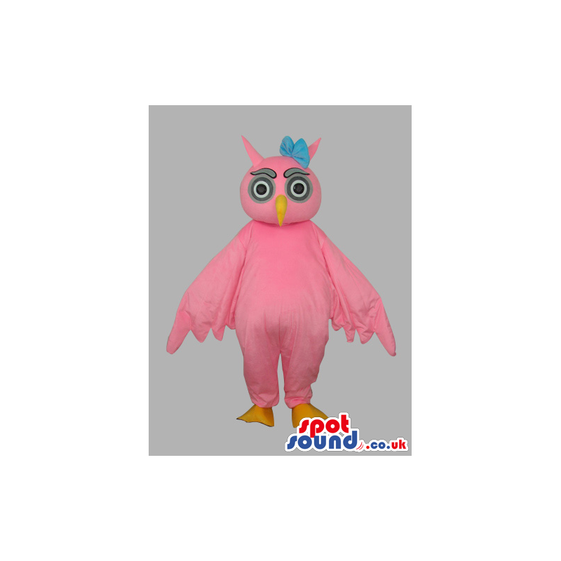 Plain Pink Owl Bird Customizable Mascot Wearing A Blue Ribbon -