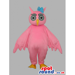 Plain Pink Owl Bird Customizable Mascot Wearing A Blue Ribbon -