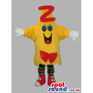 Yellow Mascot With Letter Z Wearing Sneakers And A Red Bow -