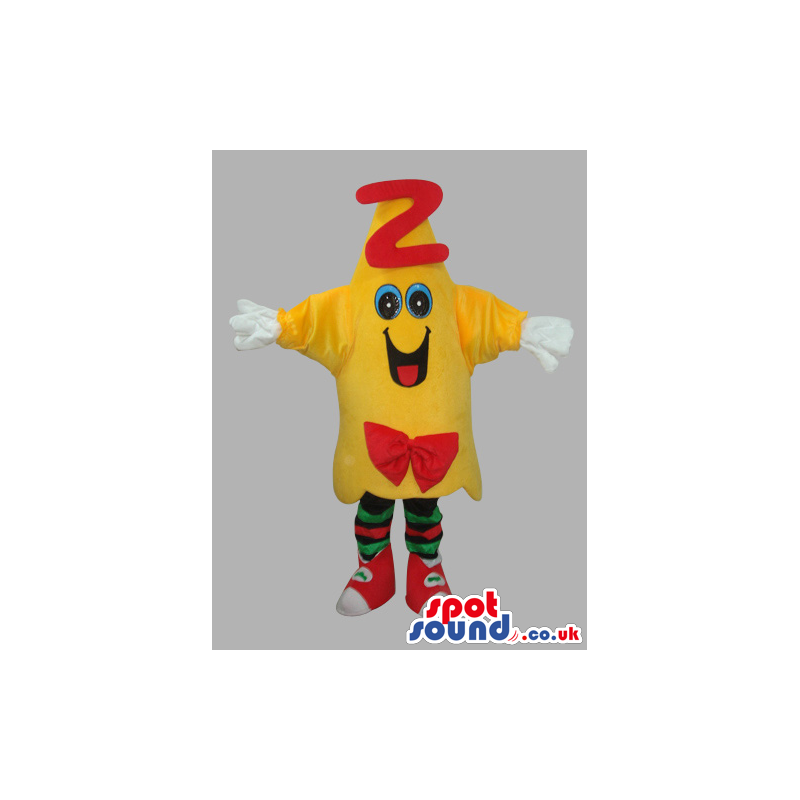 Yellow Mascot With Letter Z Wearing Sneakers And A Red Bow -