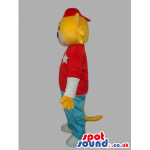 Yellow And White Animal Mascot Wearing A Red T-Shirt With S -