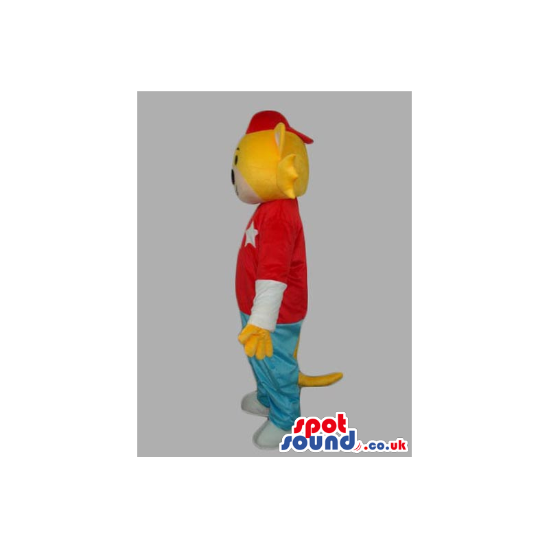 Yellow And White Animal Mascot Wearing A Red T-Shirt With S -