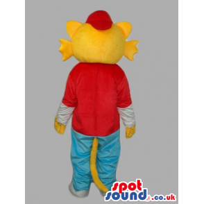 Yellow And White Animal Mascot Wearing A Red T-Shirt With S -