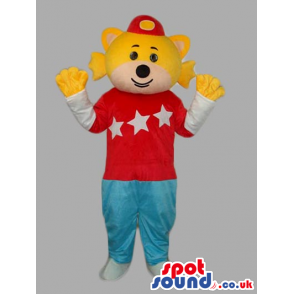 Yellow And White Animal Mascot Wearing A Red T-Shirt With S -