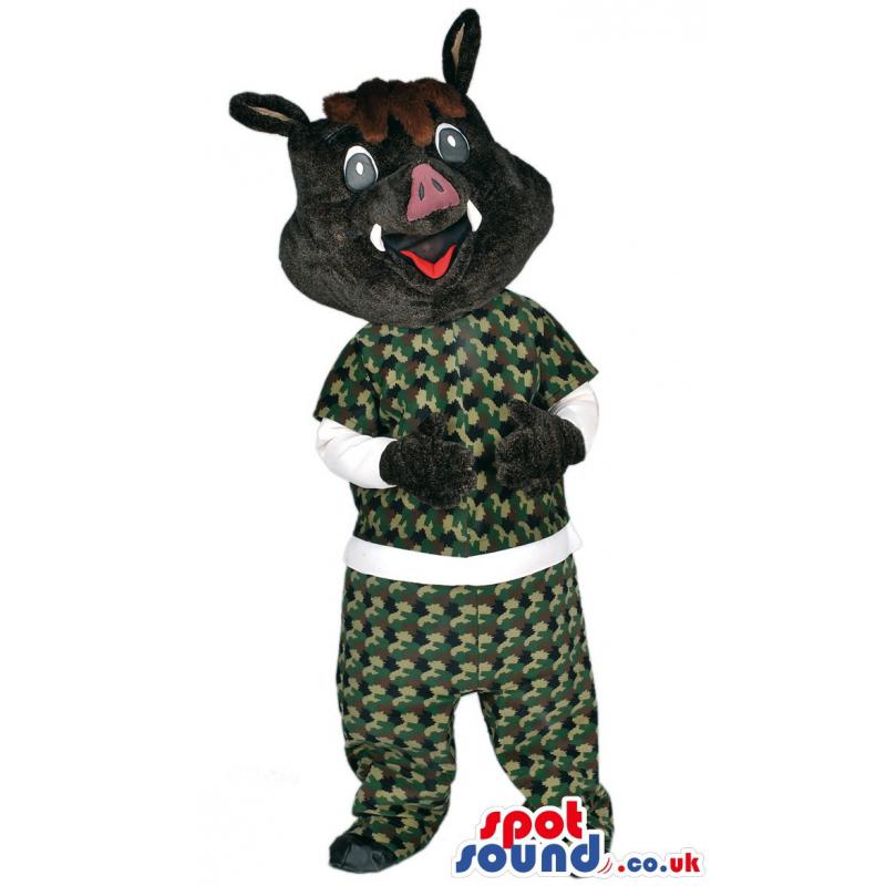 Black dog mascot who is in camouflage shirt and pants. - Custom