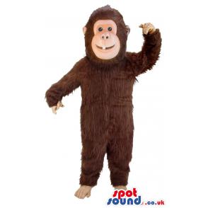 Monkey mascot in brown colour with bare foot looking at you -
