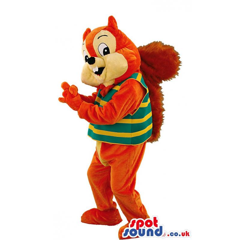 Squirrel mascot in orange with stripes of yellow green t-shirt