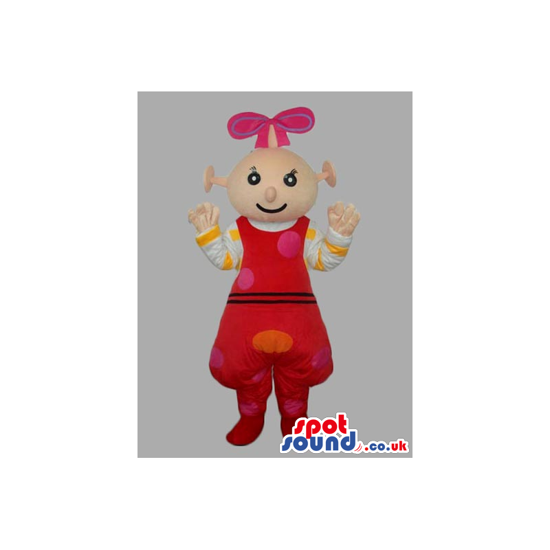 Alien Girl Mascot Wearing Red Dress With Dots And Ribbon -