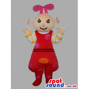 Alien Girl Mascot Wearing Red Dress With Dots And Ribbon -