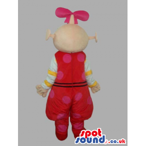 Alien Girl Mascot Wearing Red Dress With Dots And Ribbon -