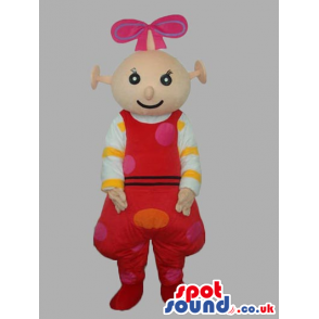 Alien Girl Mascot Wearing Red Dress With Dots And Ribbon -
