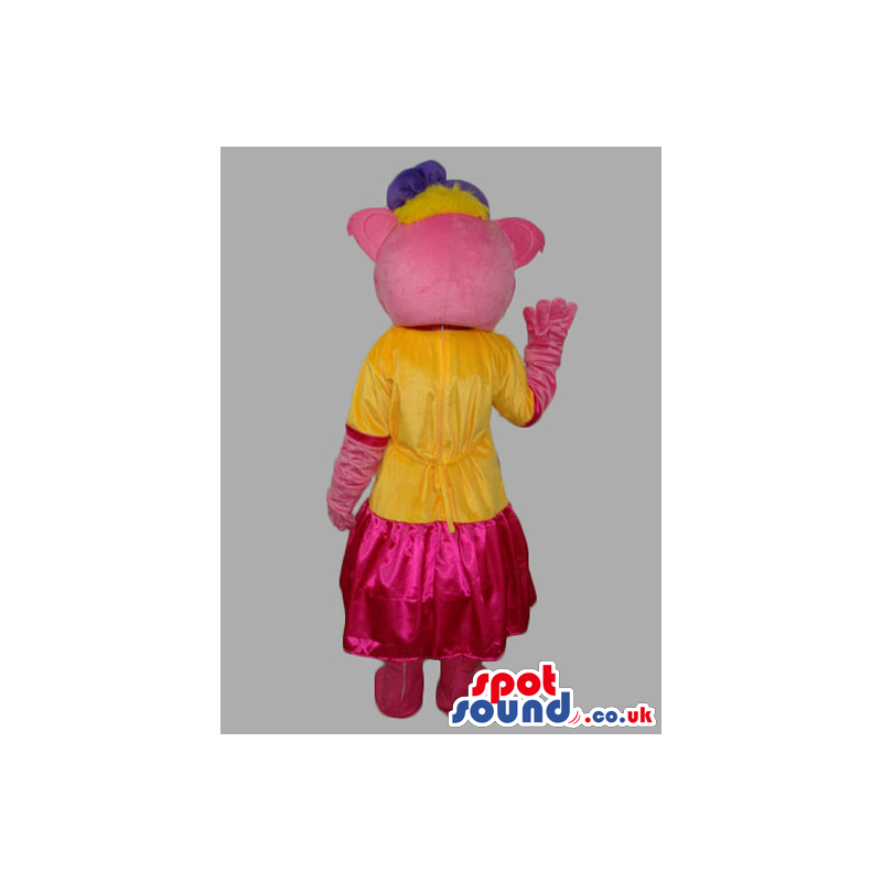 Pink Bear Fantasy Mascot Wearing Pink Dress And Purple Ribbon -