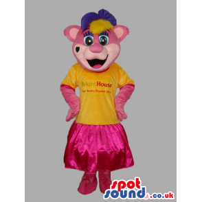 Pink Bear Fantasy Mascot Wearing Pink Dress And Purple Ribbon -