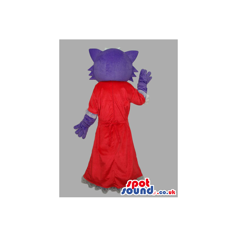 Purple And Pink Cat Mascot Wearing A Red Dress And A Ribbon -