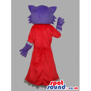 Purple And Pink Cat Mascot Wearing A Red Dress And A Ribbon -