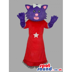 Purple And Pink Cat Mascot Wearing A Red Dress And A Ribbon -