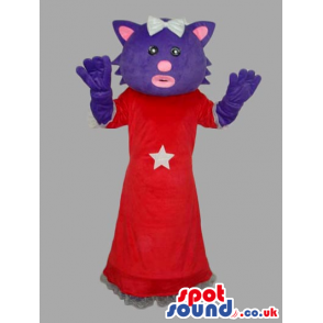 Purple And Pink Cat Mascot Wearing A Red Dress And A Ribbon -