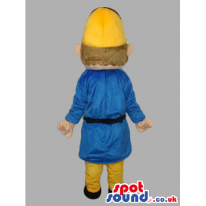 Police Agent Human Mascot With Yellow Hat And Blue Gown -