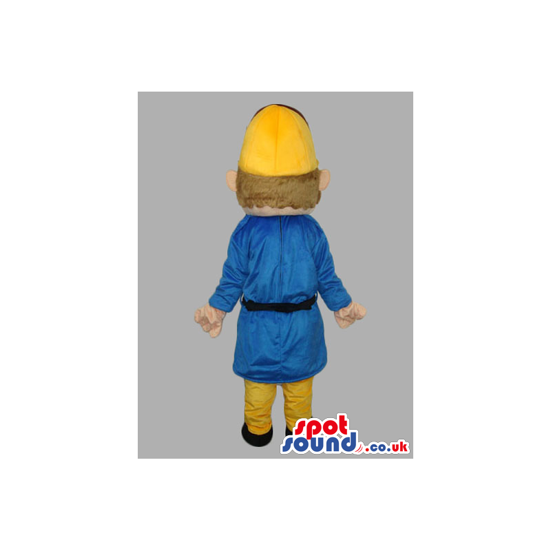 Police Agent Human Mascot With Yellow Hat And Blue Gown -