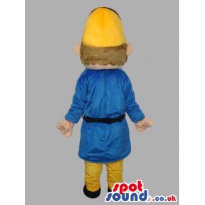 Police Agent Human Mascot With Yellow Hat And Blue Gown -