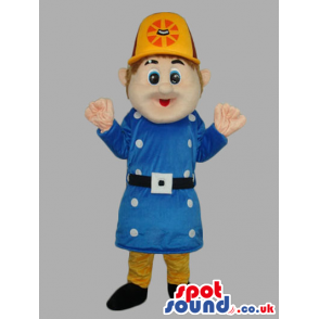 Police Agent Human Mascot With Yellow Hat And Blue Gown -