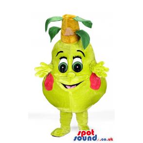 Pears mascot with cute smile and with green clothes and shoes -